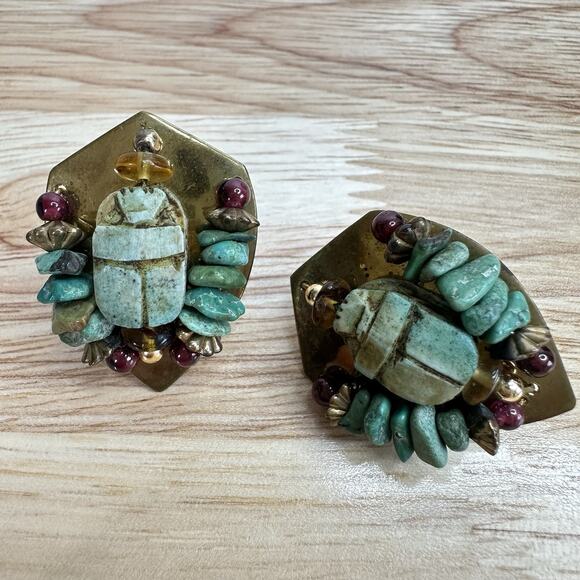 Egyptian Revival Scarab Beetle Earrings Turquoise & Garnet on Brass Pierced - Picture 2 of 11